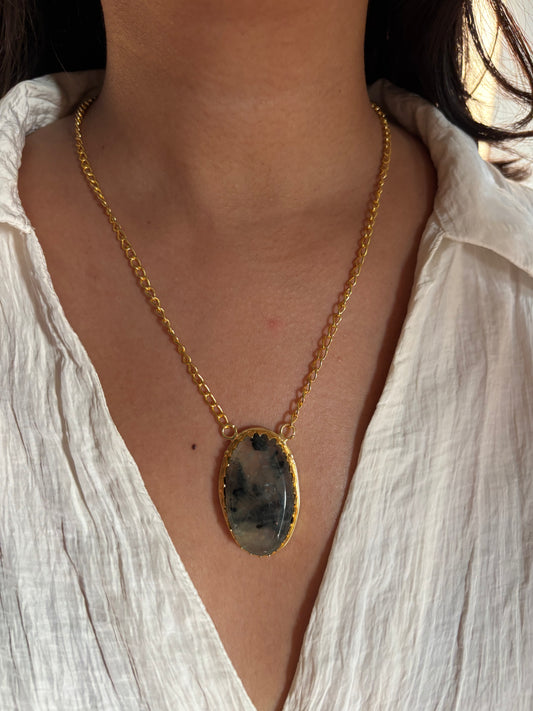 Prehnite Pendant Necklace - Brass