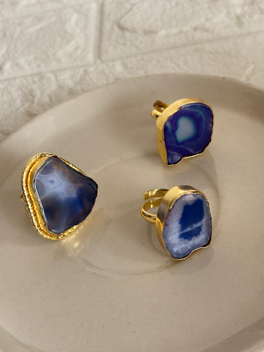 Blue Agate Natural Stone Adjustable Ring - Brass