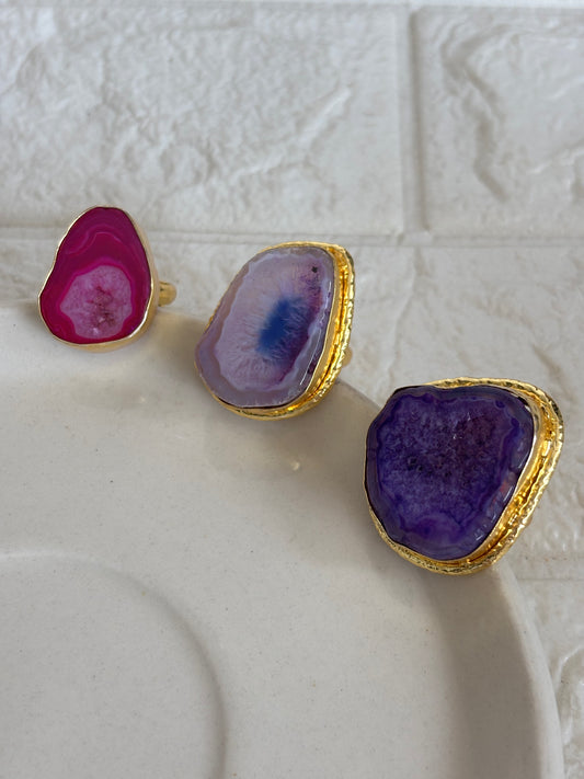 Mix Color Agate Adjustable Ring-  Brass