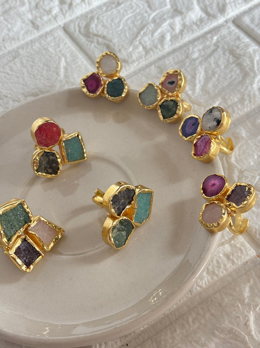 Trio Colored Handcrafted Natural Stone Ring - Brass