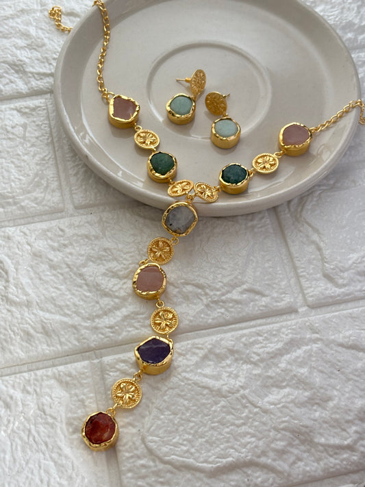 Vintage Y-Drop Multicolor Natural Stone Set -Brass