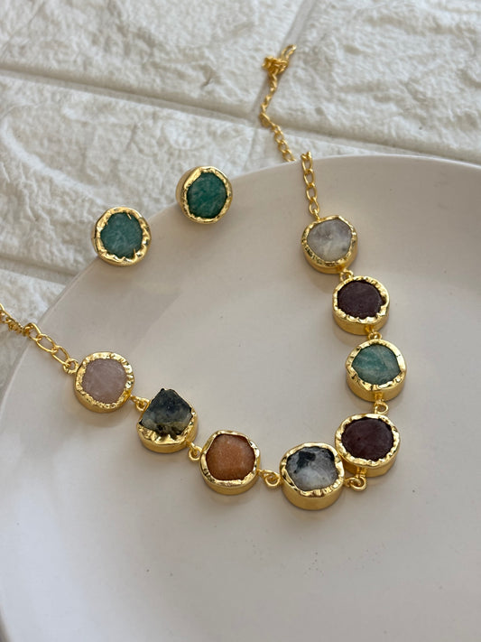 Multi-color Natural Stone Choker Set -Brass