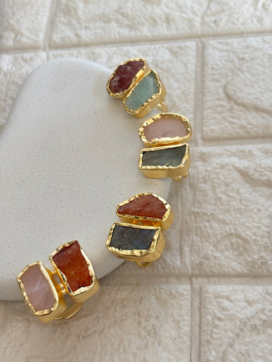 Duo Natural Stone Adjustable Ring - Brass