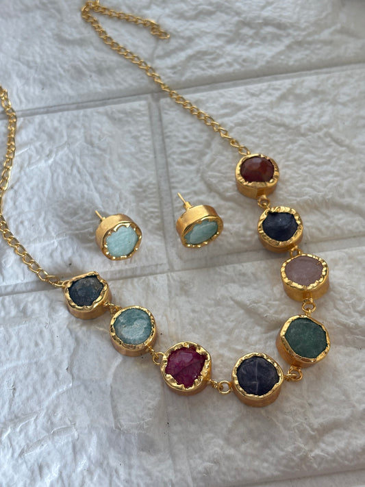 Multi-color Natural Stone Choker Set -Brass
