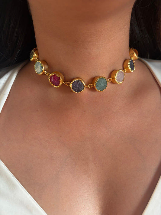 Multi-color Natural Stone Choker Set -Brass