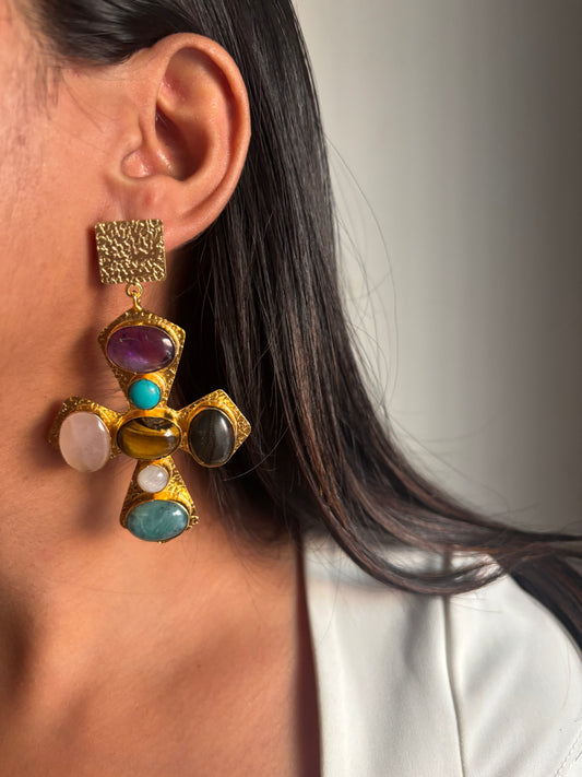 Cross Natural Stone Earrings- Brass