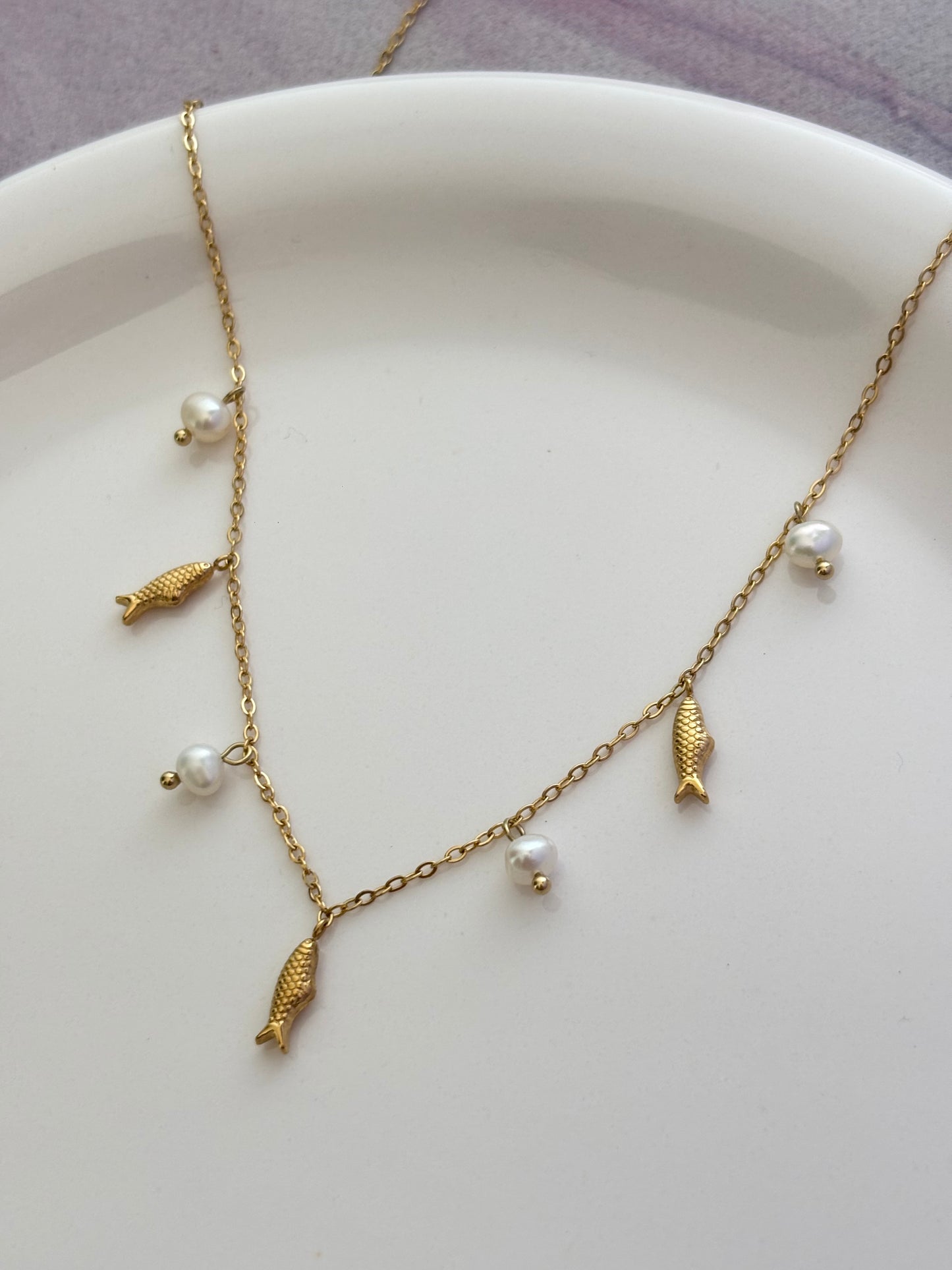 Minimal Pearl Fish Charm Necklace