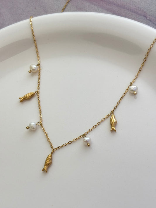 Minimal Pearl Fish Charm Necklace