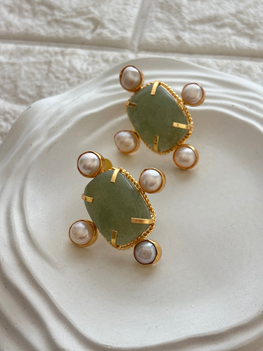 Monalisa Pearl Halo Natural Stone Studs-Brass