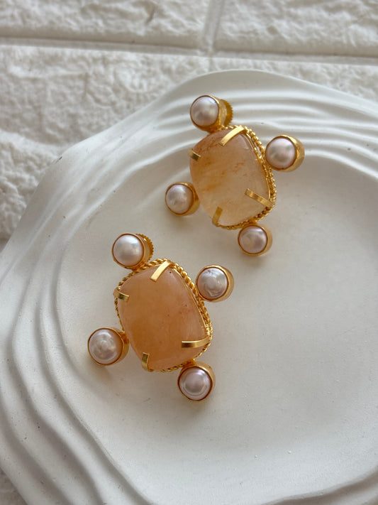 Monalisa Pearl Halo Natural Stone Studs-Brass
