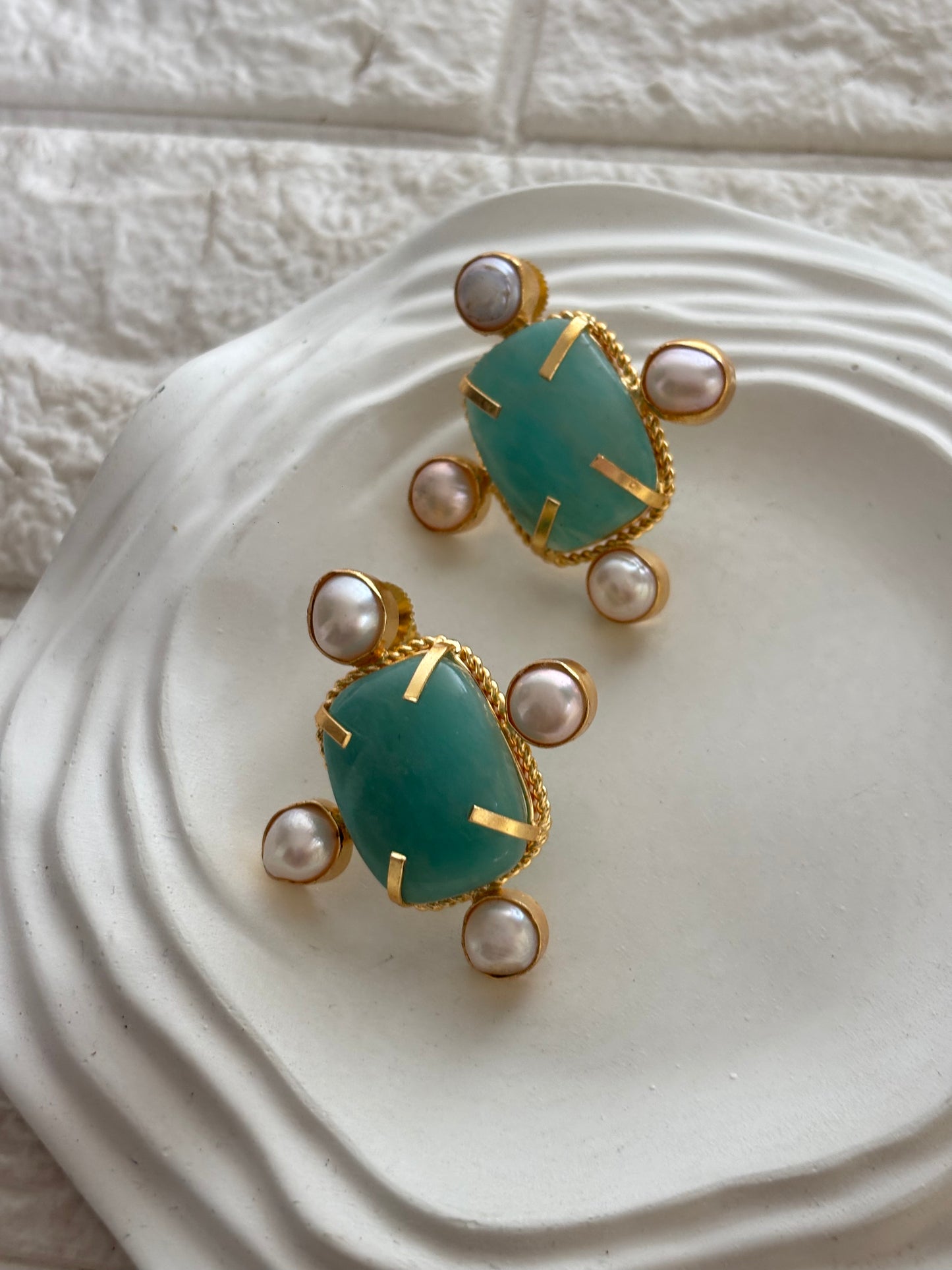Monalisa Pearl Halo Natural Stone Studs-Brass
