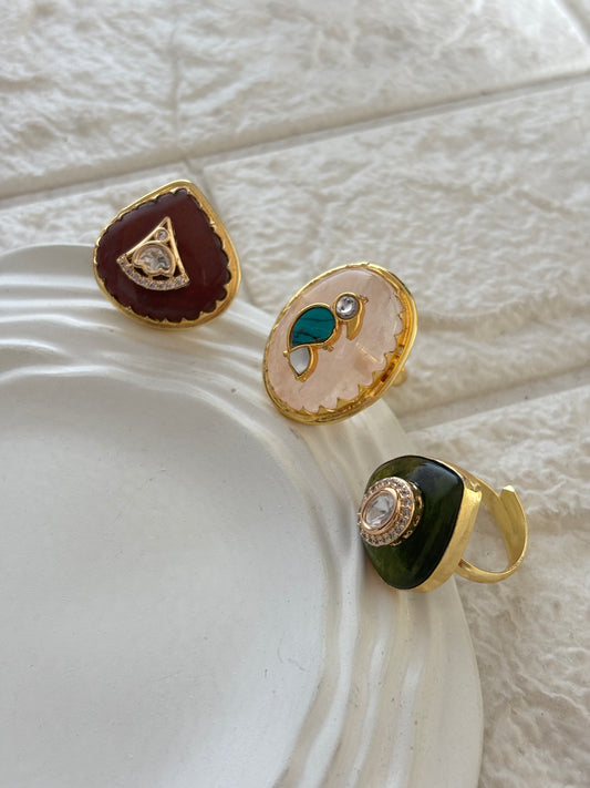 Fusion Studded Natural Stone Adjustable Ring- Brass