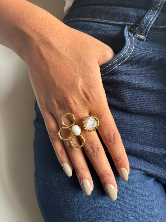 Flora Natural Stone Adjustable Ring -Brass
