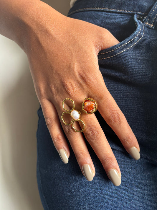Flora Natural Stone Adjustable Ring -Brass