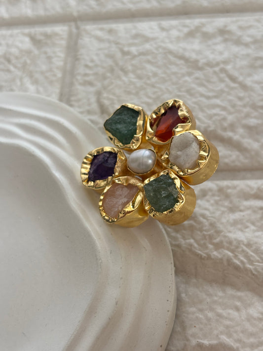 Juniper Natural Stone Adjustable Ring - Brass