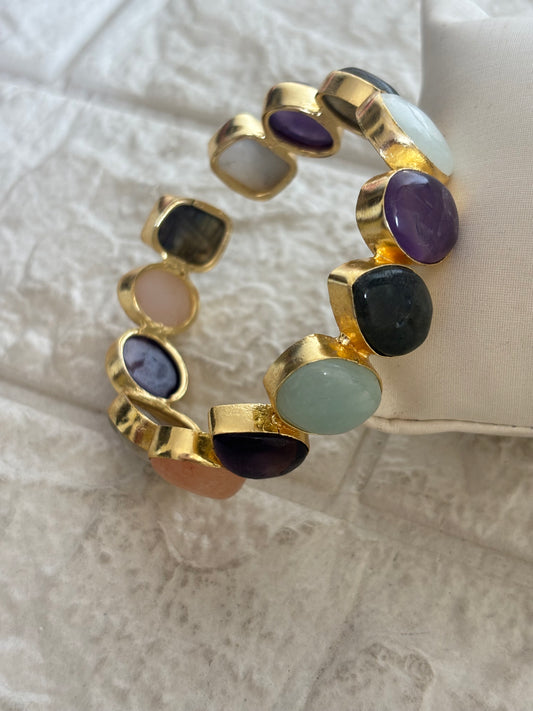 Trail Multicolor Natural Stone Adjustable Cuff- Brass