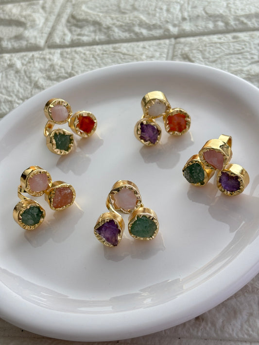Trio Colored Handcrafted Natural Stone Ring - Brass
