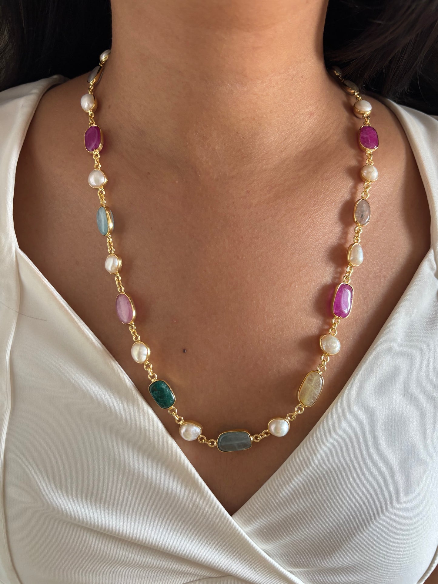 Pastel Treasure Beaded Natural Stone Chain-Brass