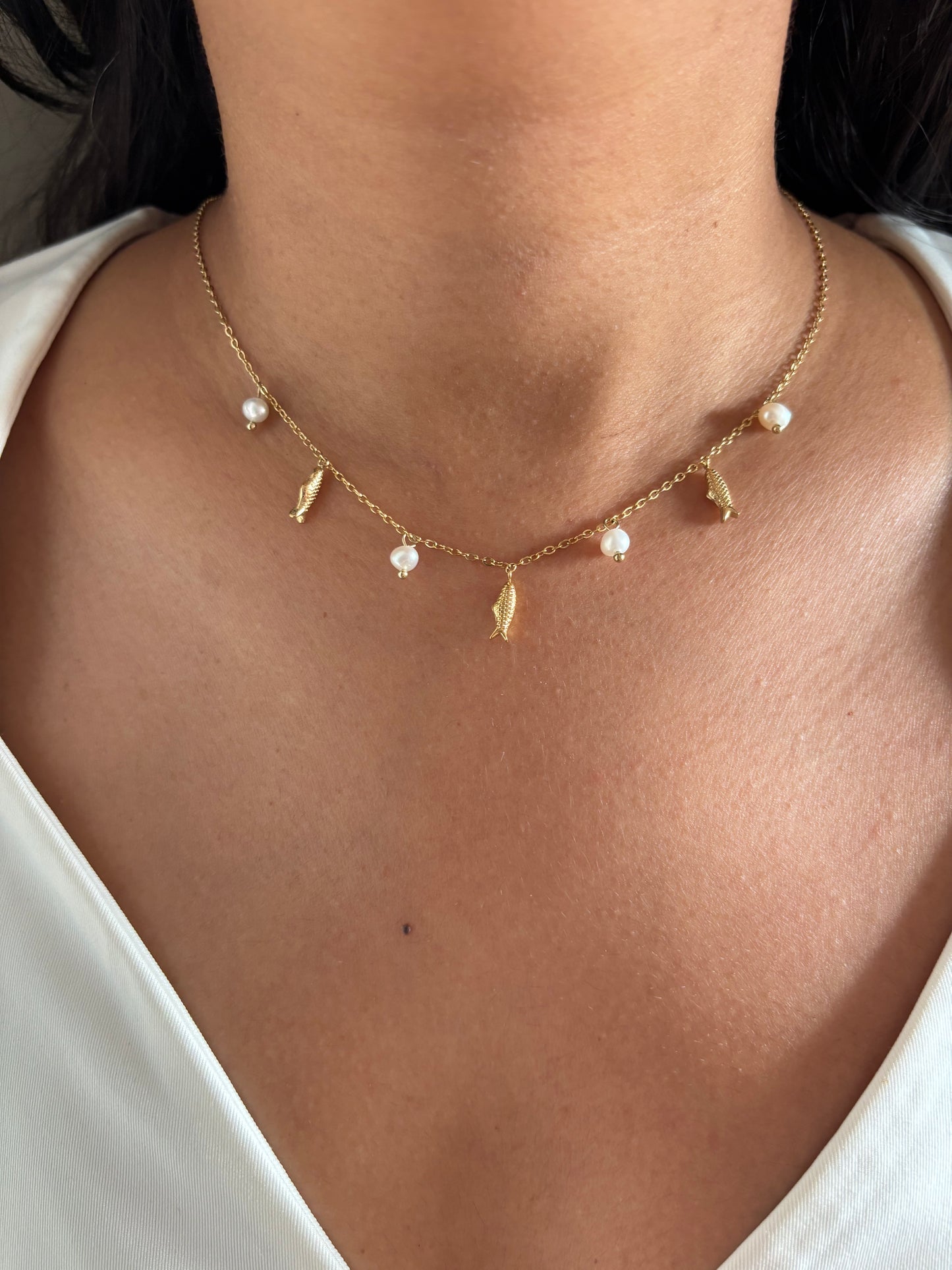 Minimal Pearl Fish Charm Necklace