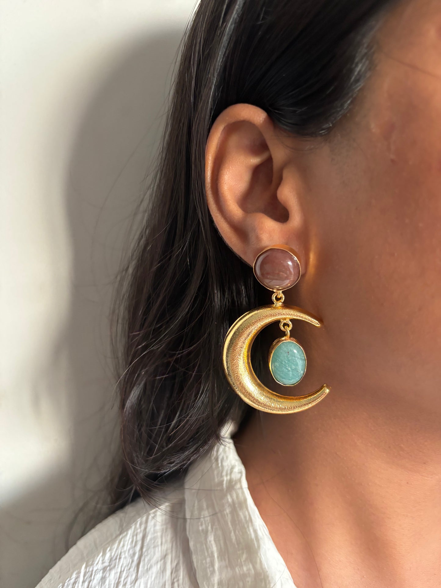 Crescent Moon Natural Stone Dangler Brass