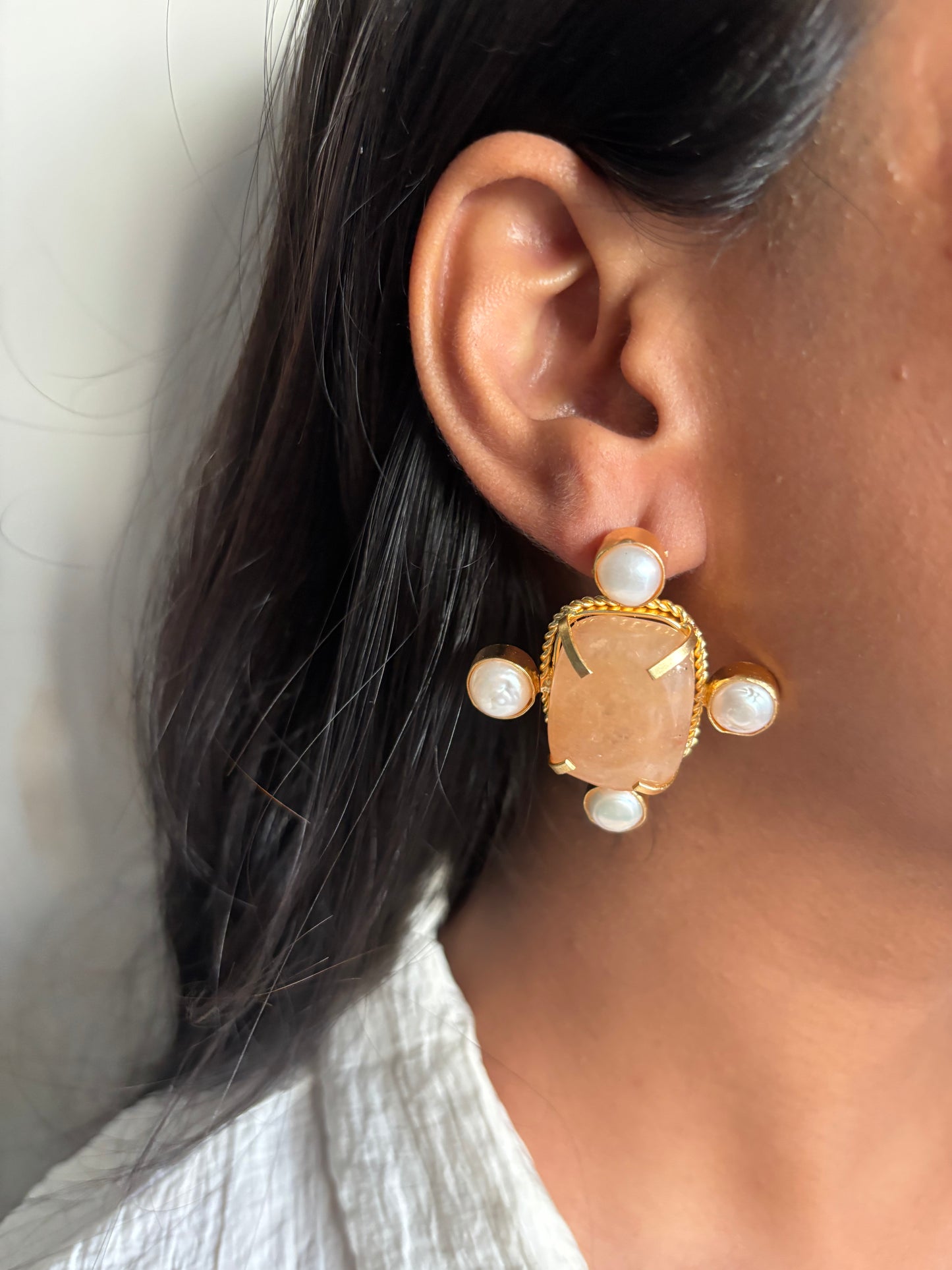 Monalisa Pearl Halo Natural Stone Studs-Brass