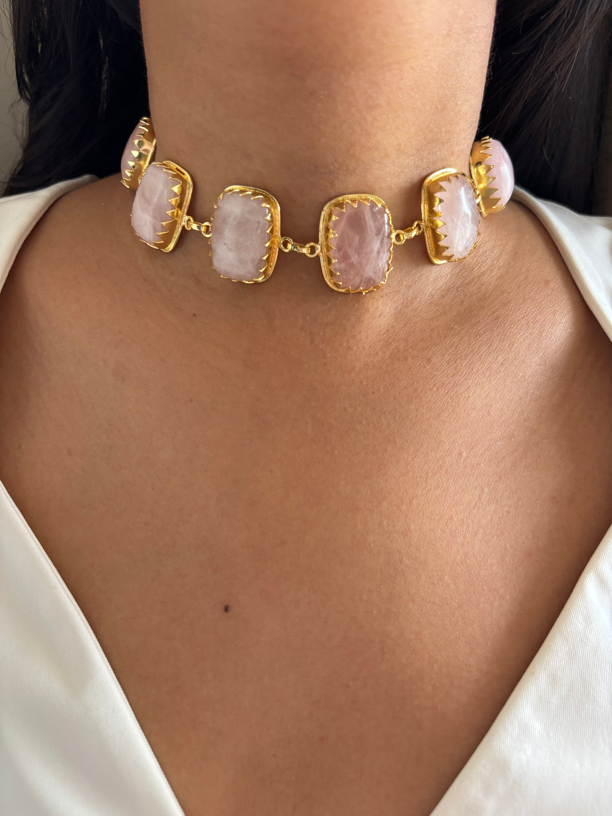 Rose Quartz Choker-Brass