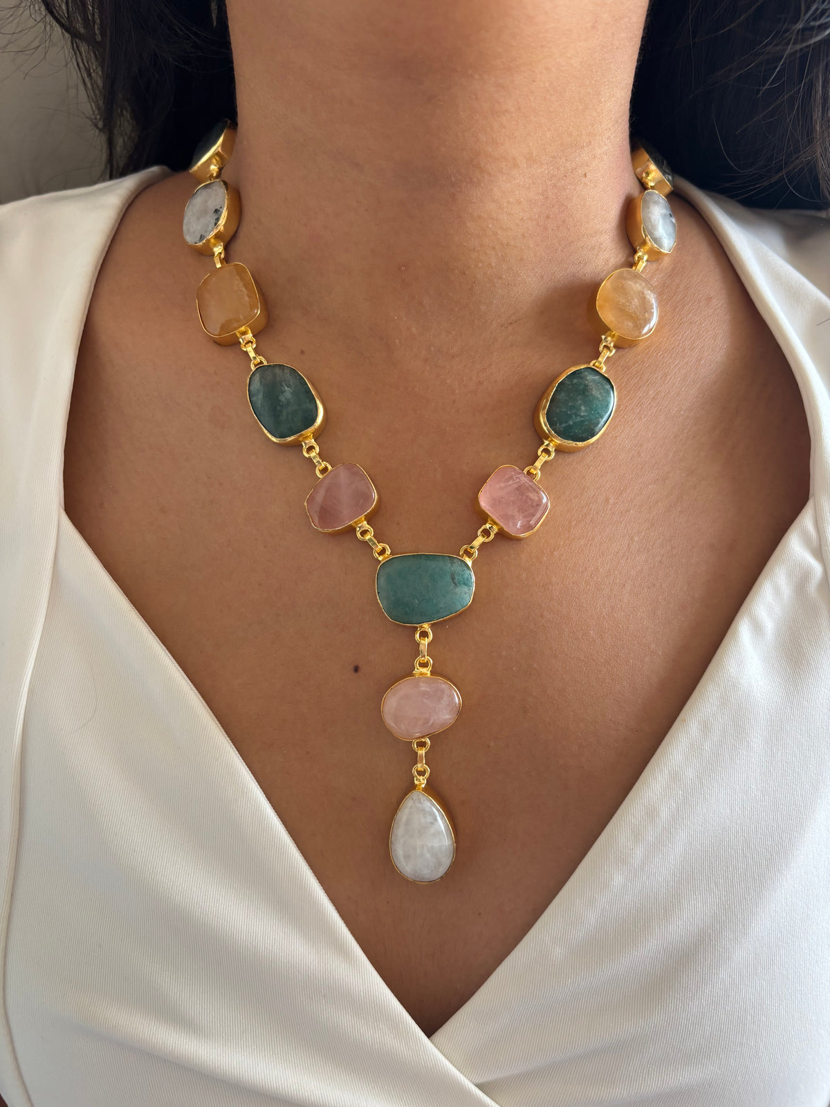 Sugar Rush Y Natural Stone Necklace- Brass