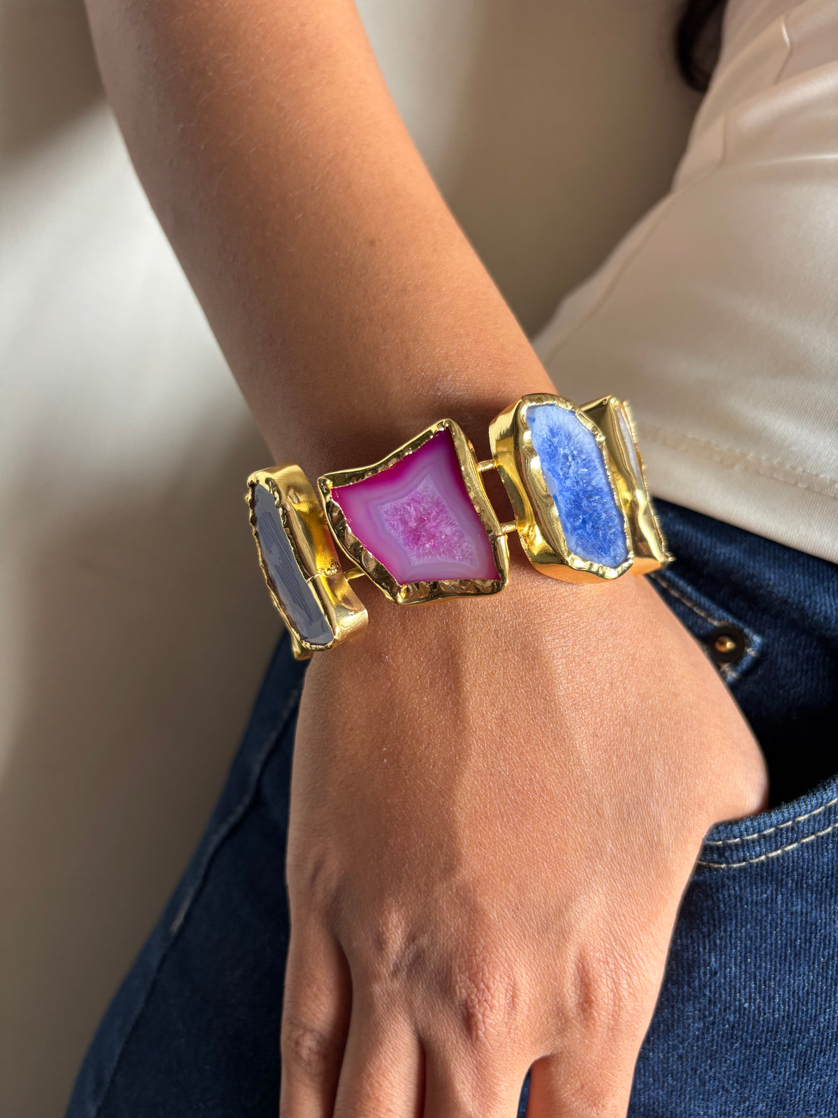 Multi-color Agate Adjustable Cuff Brass