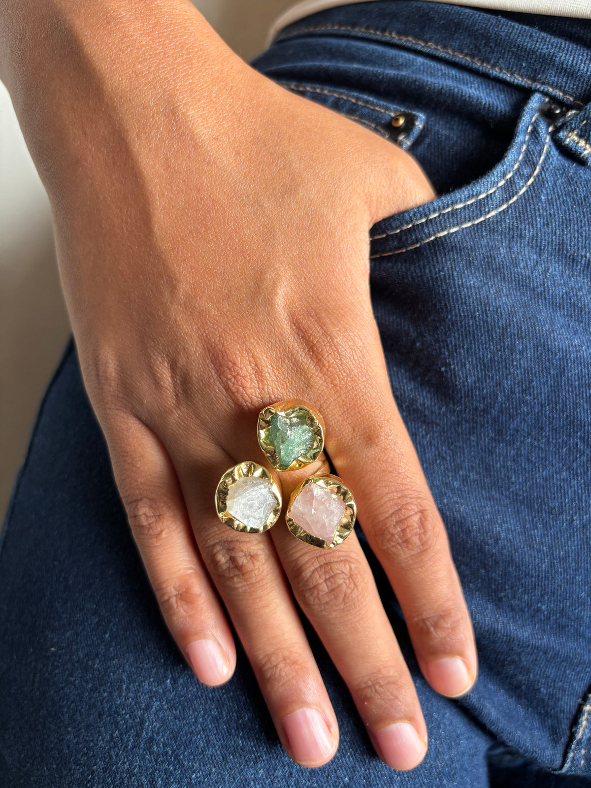 Trio Colored Handcrafted Natural Stone Ring - Brass
