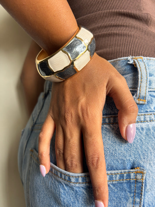 Chunky Checkmate Grey Bangle -Brass