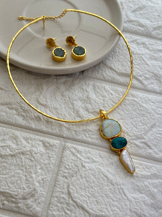 Serene Multi-color Natural Stone Choker Set- Brass