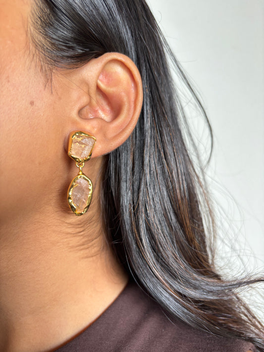 Rose Quartz Danglers- Brass