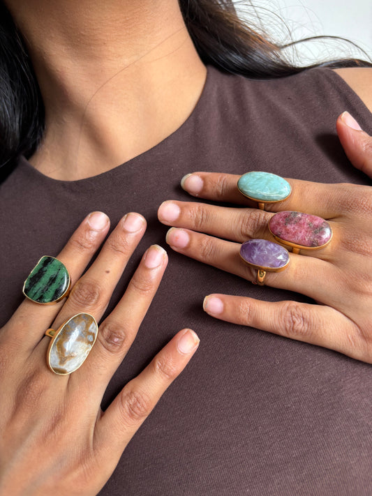 Natural Stone Adjustable Ring - Brass