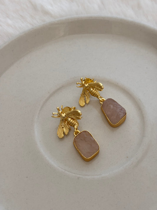 Bee Natural Stone Earrings- Brass