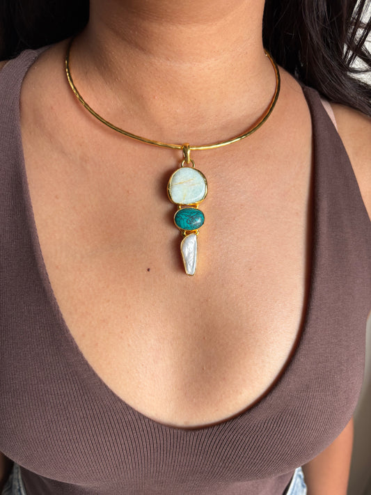 Serene Multi-color Natural Stone Choker Set- Brass