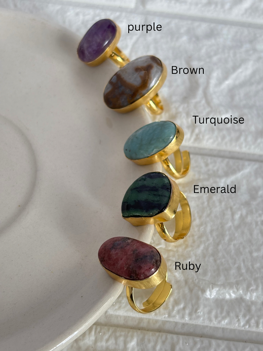 Natural Stone Adjustable Ring - Brass