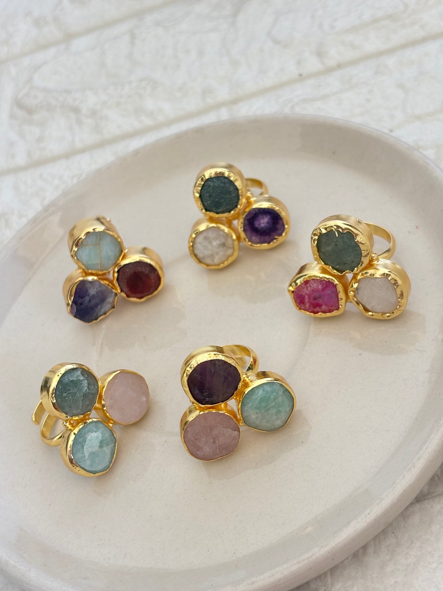 Trio Colored Handcrafted Natural Stone Ring - Brass