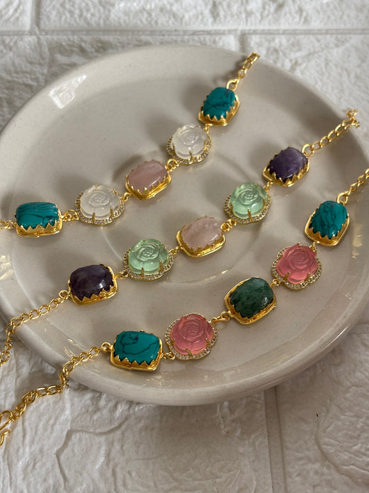 Rosette Natural Stone Bracelet - Brass