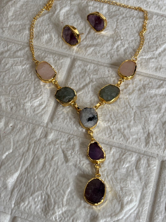 Queen Y-Drop Multicolor Natural Stone Set -Brass