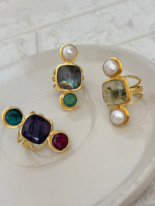 Charles Trio Natural Stone Adjustable Ring- Brass