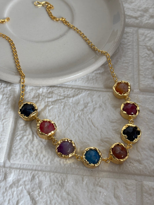 Pop Multi-color natural Stone Choker- Brass