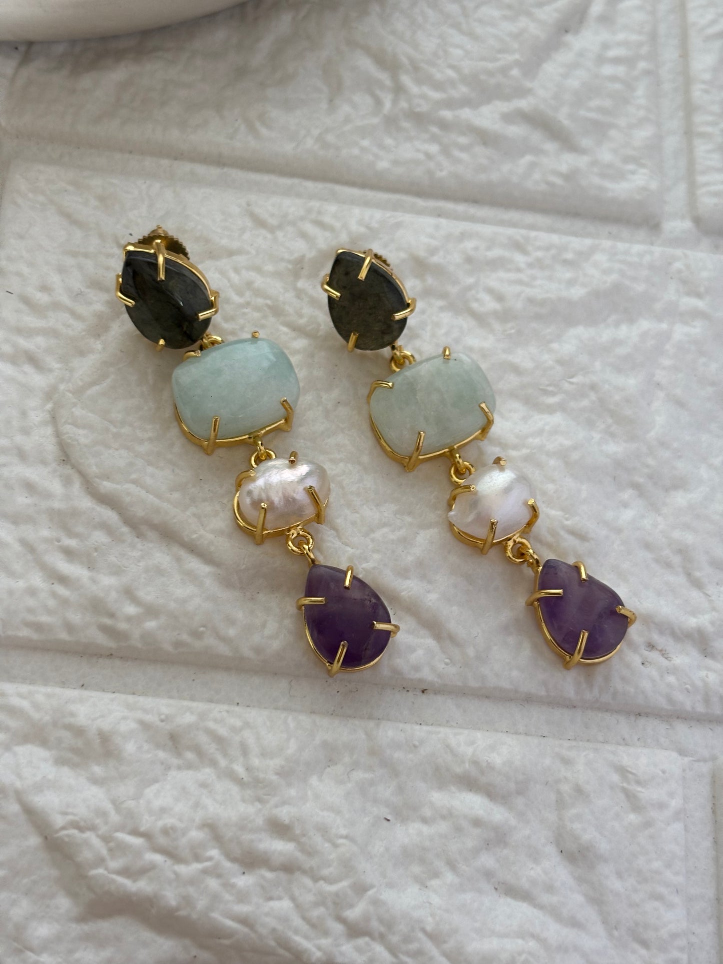 Pastel Blush Natural Stone Dangler-Brass