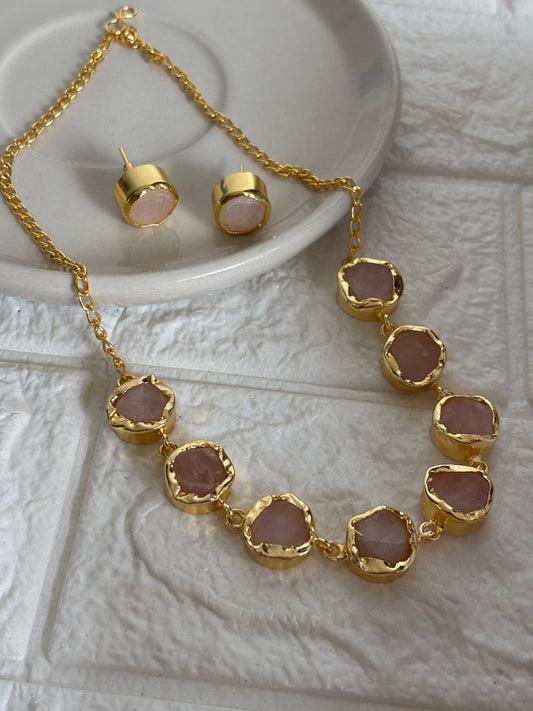Rose Quartz Choker Set - Brass