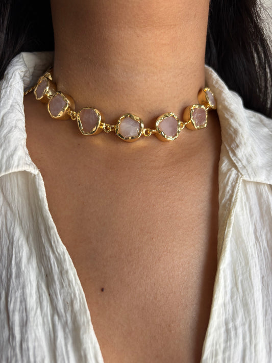 Rose Quartz Choker Set - Brass