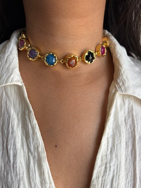 Pop Multi-color natural Stone Choker- Brass