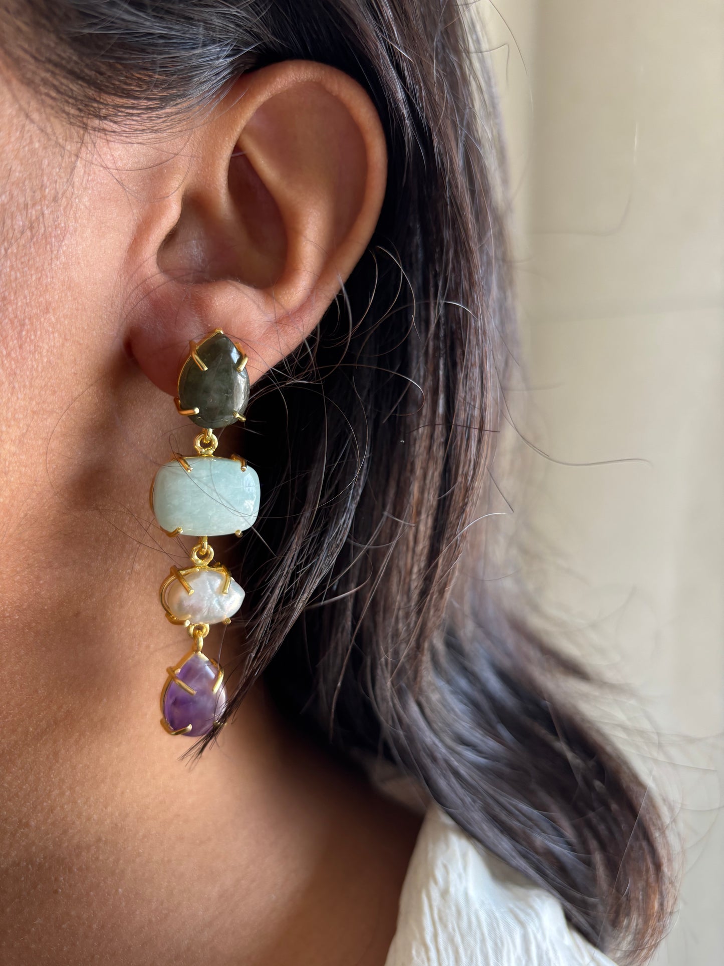 Pastel Blush Natural Stone Dangler-Brass