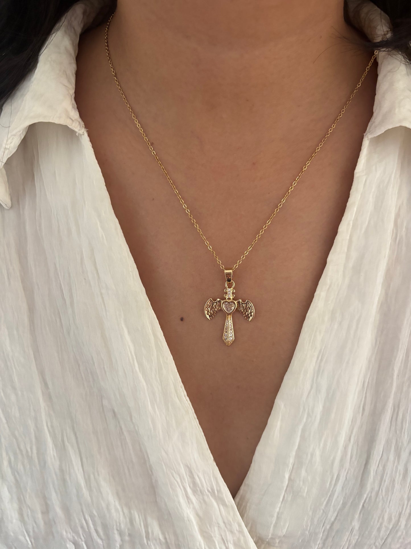 Clear Wing Cross Necklace