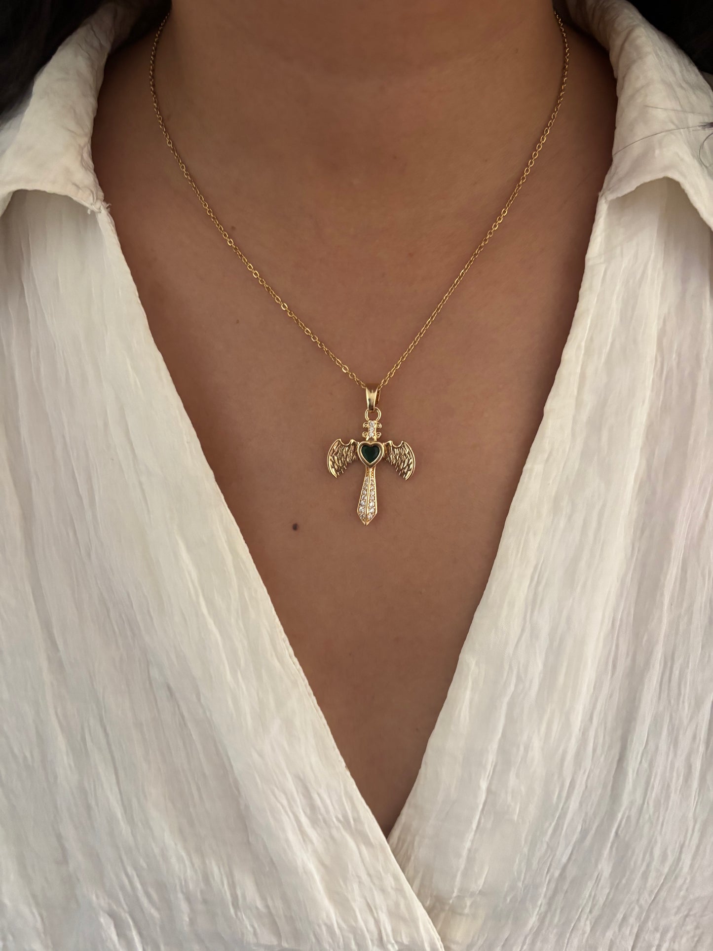 Emerald Wing Cross Necklace