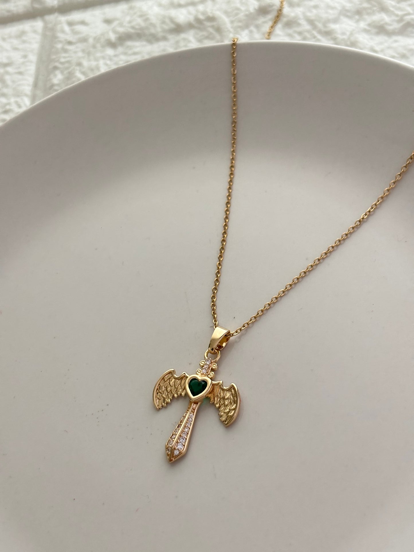 Emerald Wing Cross Necklace