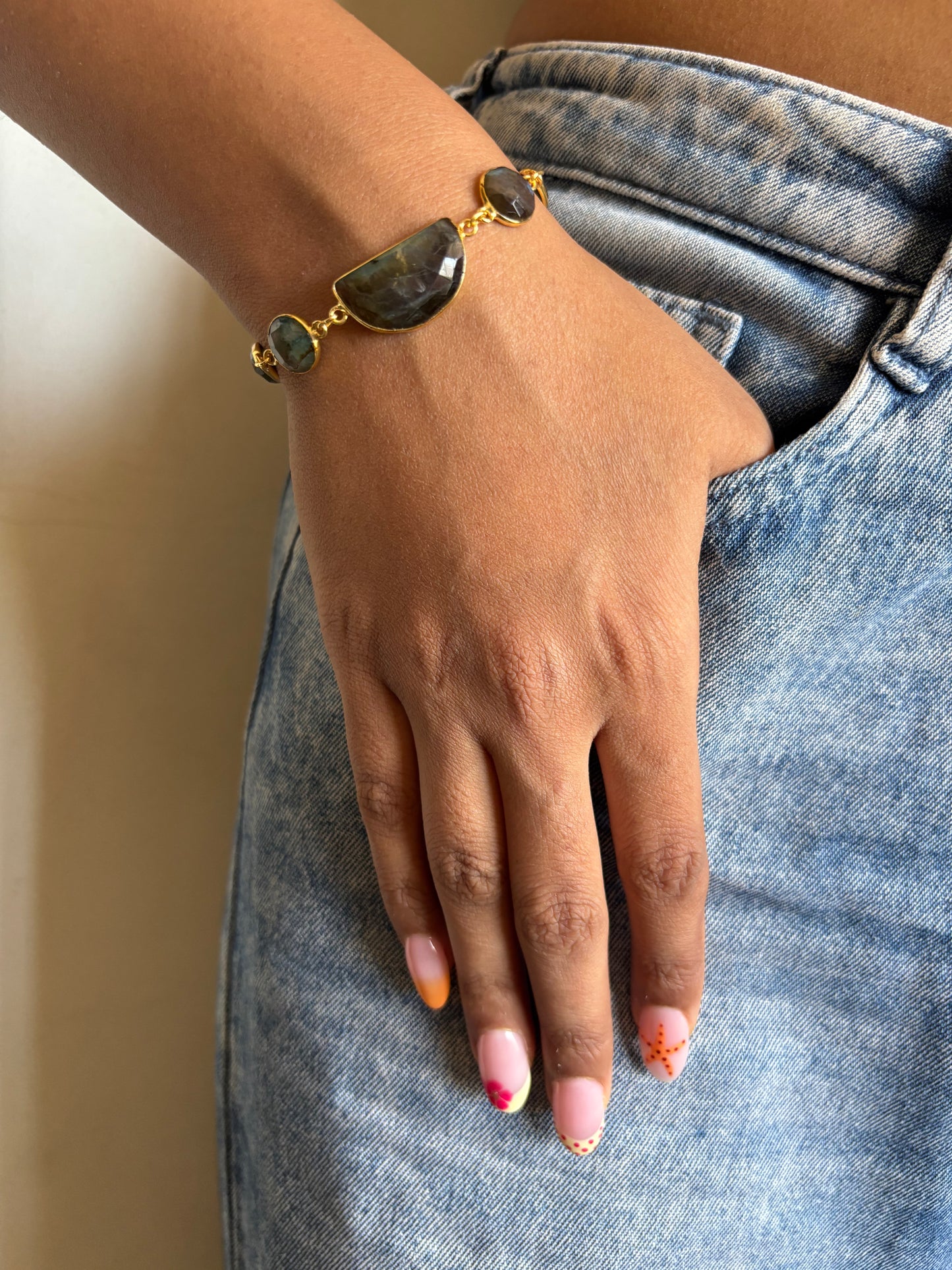 Smoky Quartz Natural Stone Bracelet-Brass